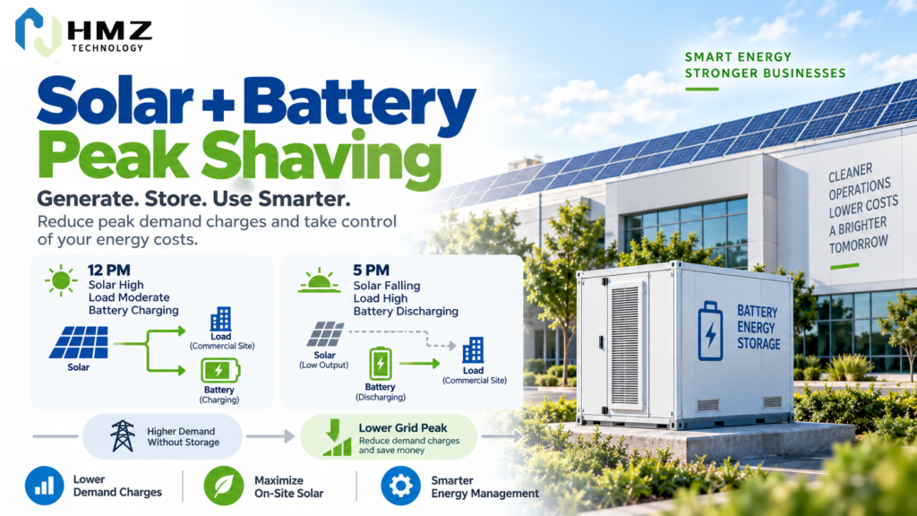 Commercial solar and battery system storing midday solar energy and discharging during afternoon peak demand

Caption:
Solar can reduce daytime grid consumption, while battery storage can move part of that value into later demand peaks.

Description:
HMZ Technology infographic showing rooftop solar charging a BESS during midday and the battery discharging during a late-afternoon commercial demand peak.