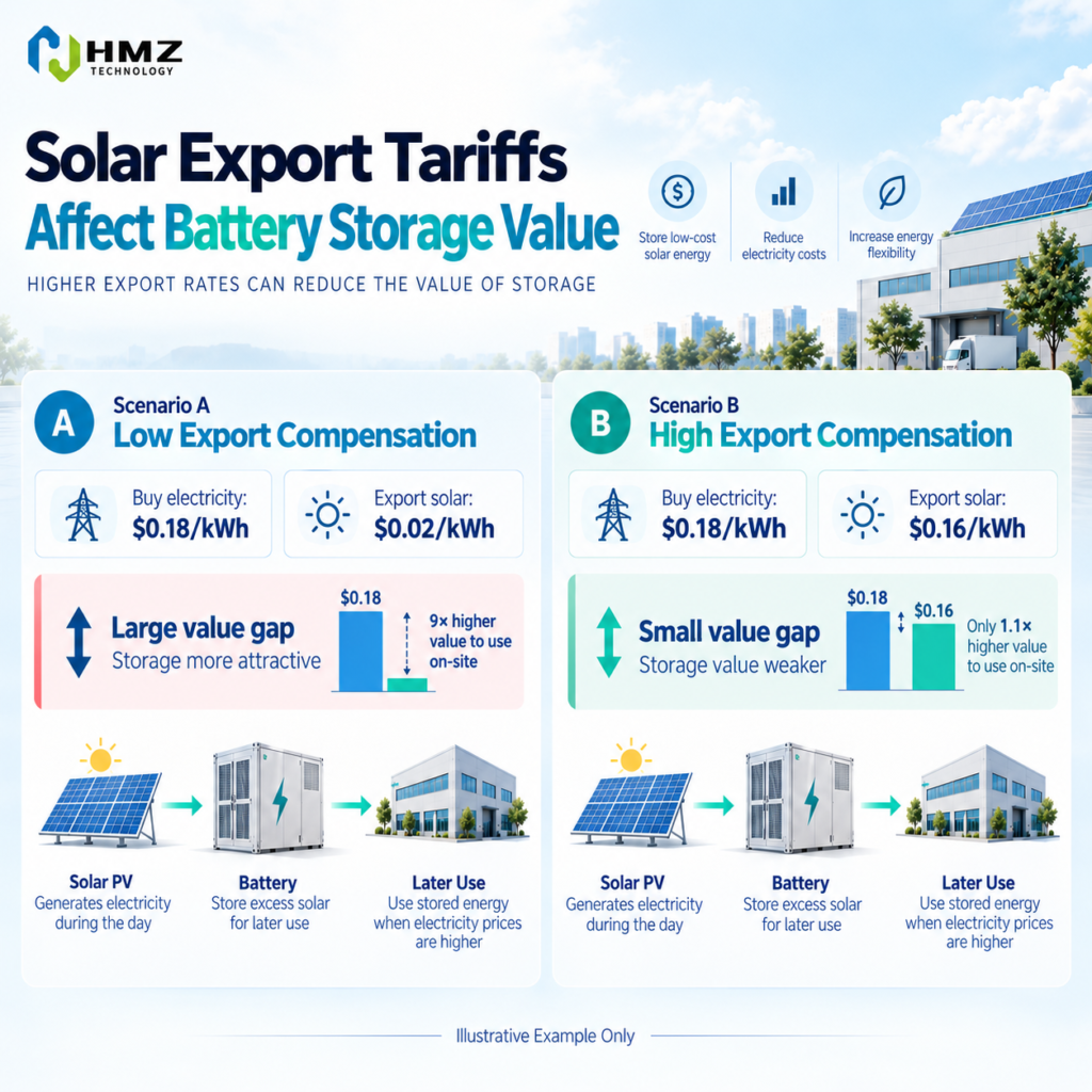 Solar Export Tariff and Battery Storage Value
Alt Text:
Solar export tariff affecting commercial battery storage value and solar self consumption
Caption:
The lower the value of exported solar compared with purchased electricity, the more valuable solar energy shifting may become.
Description:
HMZ Technology infographic comparing low and high solar export compensation and showing how the price gap affects the value of storing excess PV for later use.