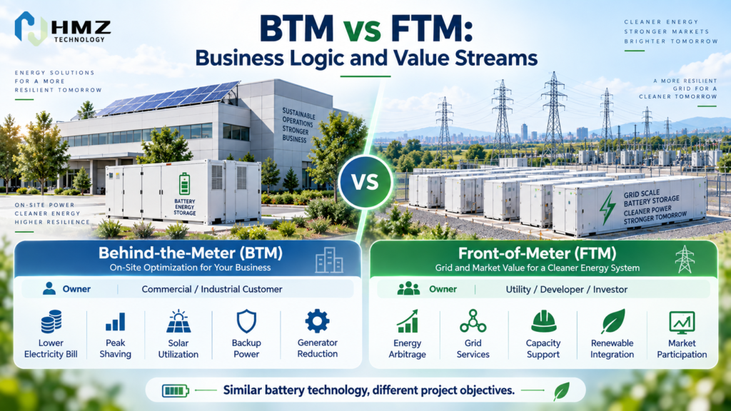 Behind-the-Meter BESS Grid Interaction

Alt Text:
Behind the meter commercial battery storage interacting with solar facility load grid and EMS

Caption:
BTM storage is customer-side equipment, but it can still exchange power and data with the grid depending on local rules.

Description:
HMZ Technology infographic showing a commercial BTM battery connected to solar PV, facility load, EMS and utility grid, with possible charging, peak control and export flows.
