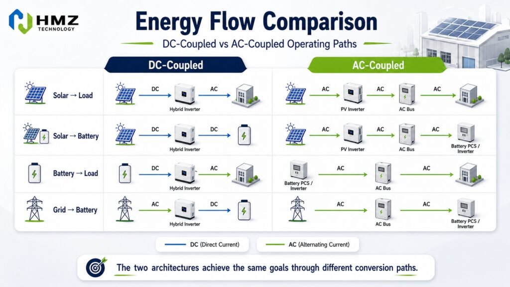 DC and AC Coupled Energy Flow Comparison

Alt Text:
Energy flow comparison between DC coupled and AC coupled solar battery systems

Caption:
DC- and AC-coupled systems reach similar operating goals through different conversion paths.
