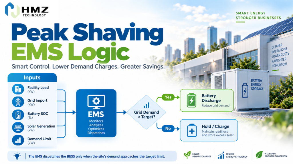 EMS control logic for commercial battery peak shaving using load demand SOC and grid import limits

Caption:
The EMS monitors grid demand and battery SOC, then dispatches the BESS when the site's demand approaches the target limit.

Description:
HMZ Technology infographic showing peak-shaving EMS inputs and decision logic, including facility load, grid demand, battery SOC, solar generation and demand threshold.
