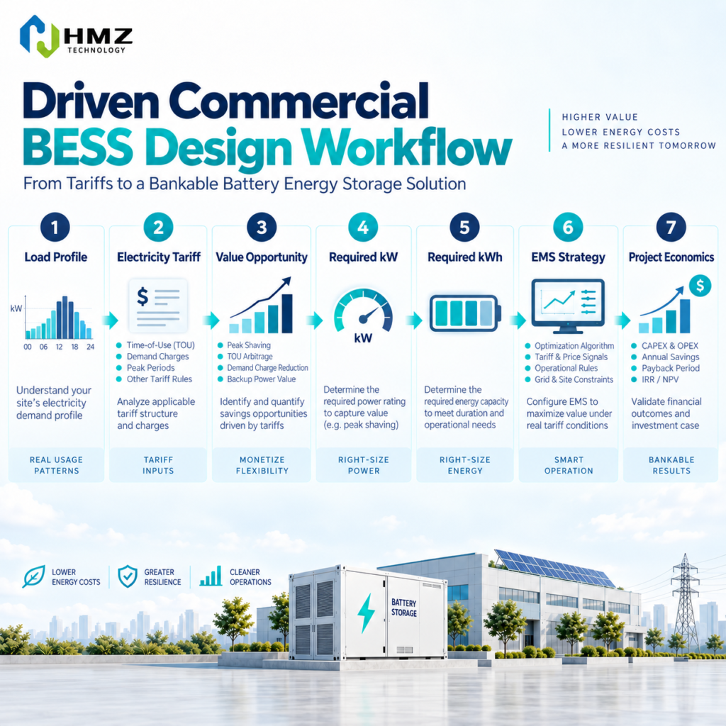 Tariff-Driven Commercial BESS Design Workflow
Alt Text:
Commercial BESS design workflow from load profile and electricity tariff to battery sizing EMS and project economics
Caption:
Battery sizing should follow the load and tariff opportunity rather than begin with a predefined cabinet size.
Description:
HMZ Technology workflow illustrating how load profile, electricity tariff, value opportunity, battery power, energy capacity and EMS strategy lead to a site-specific commercial storage design.