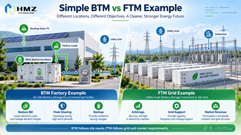Commercial BTM vs Grid FTM BESS Example

Alt Text:
Commercial behind the meter battery compared with front of meter grid battery project

Caption:
BTM storage follows the needs of a customer site. FTM storage follows grid and market requirements.

Description:
HMZ Technology side-by-side infographic comparing a factory BTM battery project with a grid-connected FTM energy storage project.