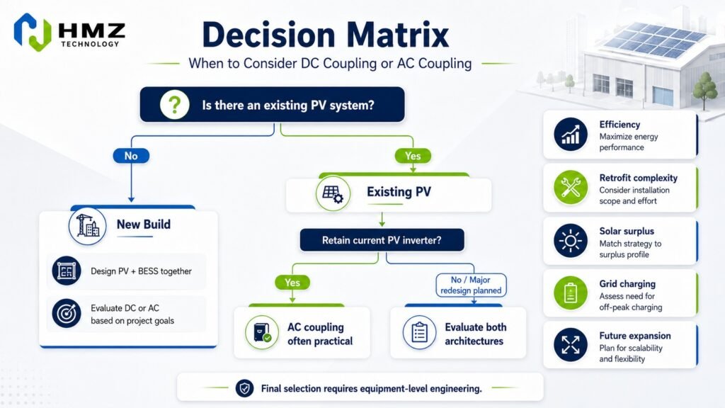DC vs AC Coupled Commercial Project Decision Matrix

Alt Text:
Decision matrix for choosing DC coupled or AC coupled commercial solar battery storage

Caption:
The right coupling method depends on existing PV equipment, retrofit complexity, operating objectives and future expansion.