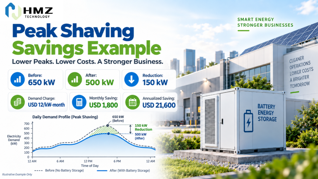 Commercial battery peak shaving example showing reduced demand charges from lower maximum grid demand

Caption:
Peak-shaving savings depend on how much demand is reduced and how the local utility calculates demand charges.

Description:
HMZ Technology infographic showing an illustrative commercial peak-shaving calculation from 650 kW to 500 kW with a 150 kW reduction and simplified monthly demand-charge savings.