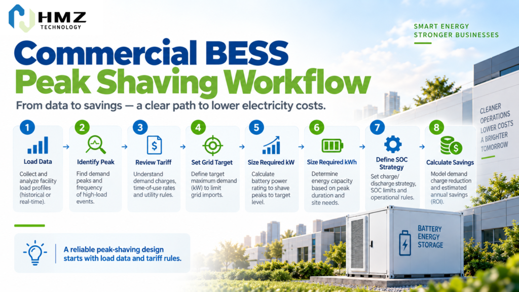 Commercial battery peak shaving workflow from load analysis to BESS sizing and demand charge savings

Caption:
A reliable peak-shaving design starts with interval load data and tariff rules before battery power and energy are selected.

Description:
HMZ Technology workflow infographic showing the peak-shaving design process from load-data collection through peak identification, tariff analysis, kW and kWh sizing, SOC strategy and financial evaluation.