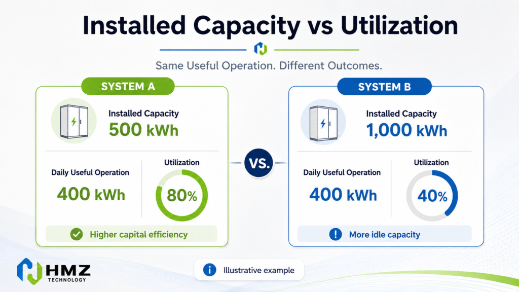 Comparison of commercial battery installed capacity and daily utilization showing effects of oversizing

Caption

When installed capacity grows faster than useful daily energy throughput, capital efficiency can decline.

Description

HMZ Technology comparison infographic showing a well-utilized 500 kWh battery versus an oversized 1,000 kWh battery serving the same daily 400 kWh energy opportunity.
