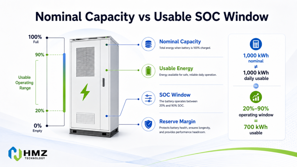 Battery SOC operating window showing difference between nominal capacity and usable battery energy

Caption

Nameplate battery capacity is not the same as usable energy because real systems operate within defined SOC limits and reserve margins.

Description

HMZ Technology infographic showing how an operating SOC window, reserve level and system limits reduce the portion of nominal battery capacity normally available for daily use.
