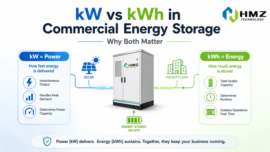 kW vs kWh in Commercial Energy Storage Alt Text kW versus kWh in commercial battery storage showing power output and energy capacity for C&I ESS sizing Caption In commercial battery storage, kW determines how much power the system can deliver, while kWh determines how long that power can be sustained. Description HMZ Technology commercial energy storage illustration explaining the difference between battery power in kW and battery energy capacity in kWh, with examples for peak shaving, solar energy shifting and backup applications.