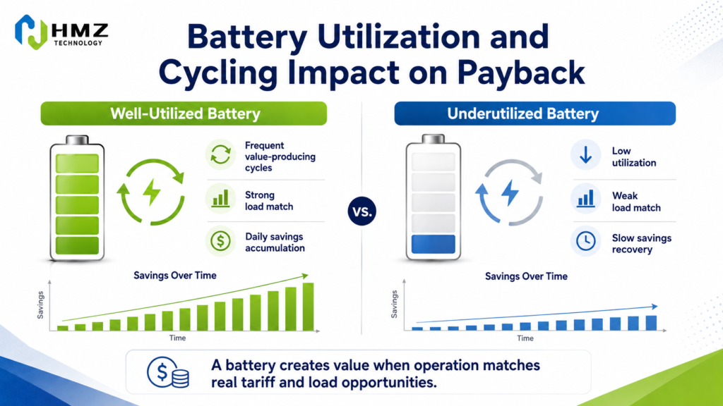 Battery utilization and cycling frequency affecting commercial energy storage project payback

Caption

A battery creates value when its cycles are matched to real tariff, peak-demand and solar opportunities.

Description

HMZ Technology infographic comparing a well-utilized battery with an underutilized system, showing how cycling frequency, daily savings and battery use affect the payback period of a commercial BESS project.