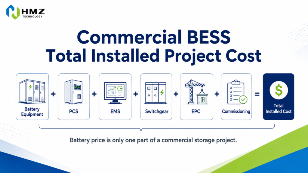 Commercial BESS project cost including battery PCS EMS installation engineering and electrical equipment

Caption

Battery price is only one part of a commercial storage project. Payback should be calculated using the total installed system cost.

Description

HMZ Technology infographic showing the main cost components of a commercial BESS project, including battery equipment, PCS, EMS, switchgear, engineering, installation, commissioning and supporting electrical infrastructure.