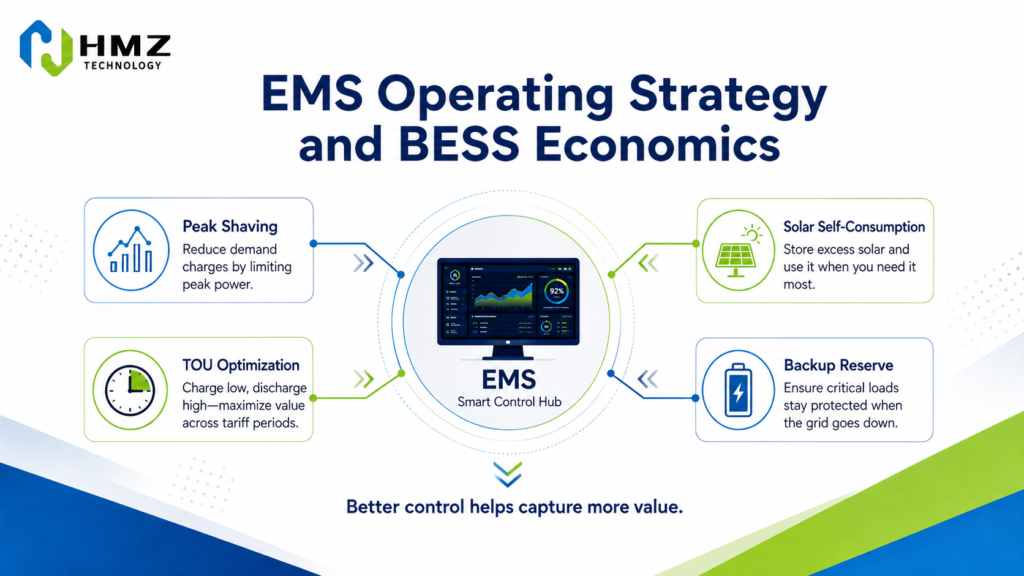 EMS improving battery storage economics using peak shaving time-of-use optimization solar storage and backup reserve

Caption

A well-configured EMS helps the battery use each cycle where it creates the most operational or financial value.

Description

HMZ Technology infographic showing how EMS operating logic coordinates peak shaving, time-of-use optimization, solar self-consumption and backup reserve to improve commercial BESS economics.
