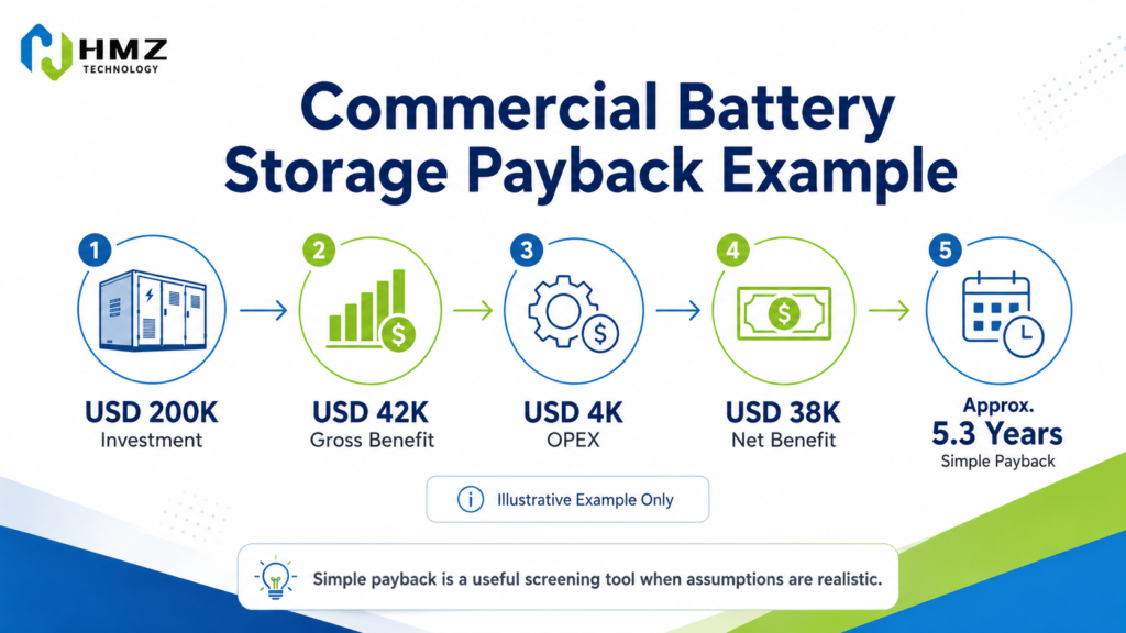 Commercial battery storage payback example showing project investment annual savings operating expenses and estimated payback period

Caption

A simple payback calculation can be useful for project screening, but the result should always be based on site-specific assumptions.

Description

HMZ Technology commercial BESS payback example showing illustrative project investment, annual value streams, annual operating cost, net benefit and estimated simple payback period.