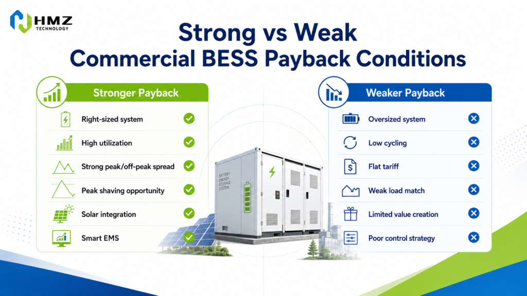 Comparison of strong and weak commercial BESS payback conditions based on tariffs utilization sizing solar integration and EMS strategy

Caption

The strongest battery storage projects combine the right system size, strong utilization and a tariff structure that gives the battery useful work to do.

Description

HMZ Technology comparison infographic showing the operating and financial conditions that typically strengthen or weaken commercial battery storage payback.
