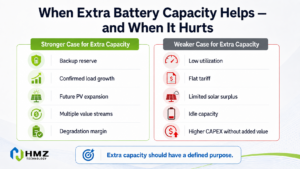 HMZ Technology commercial BESS illustration explaining how battery oversizing can increase investment, reduce utilization and leave a large portion of installed capacity economically idle.