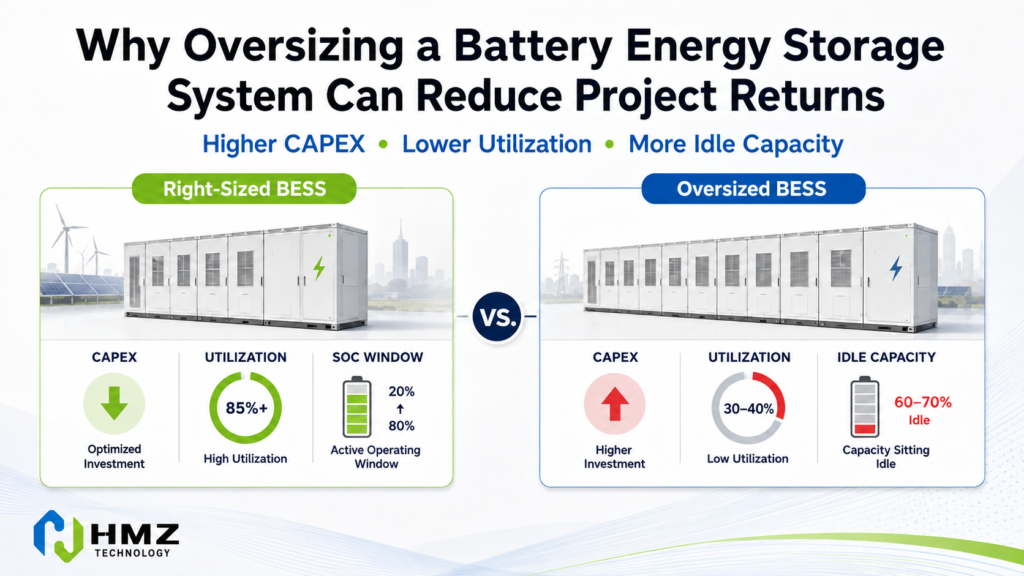 Comparison between right-sized and oversized commercial battery energy storage systems

Caption

A right-sized BESS matches the site's actual load and operating objective, while an oversized system leaves more installed capacity underused.

Description

HMZ Technology infographic comparing a right-sized commercial battery system with an oversized BESS, showing differences in CAPEX, utilization, idle capacity and project value.