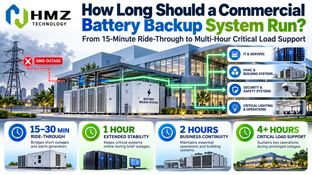 Commercial battery backup duration should not be chosen by habit. A 15-minute, 1-hour, 2-hour or 4-hour backup system can all make sense depending on critical load, outage frequency, generator support, solar contribution and the cost of downtime.