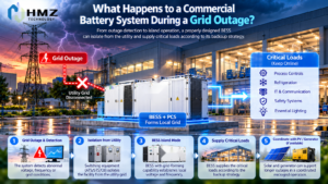 A commercial battery does not simply “keep running” when the grid fails. Backup operation depends on outage detection, switching, PCS capability, critical-load design, EMS logic and safe reconnection to the utility.
