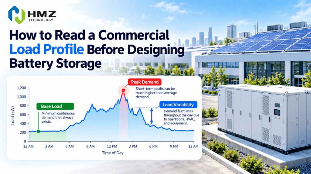 A commercial load profile shows when a facility uses power, how high its demand becomes and how long peaks last. Before sizing a BESS, 15-minute or 30-minute interval data can reveal base load, peak demand, load variability and the real battery power and energy requirements.