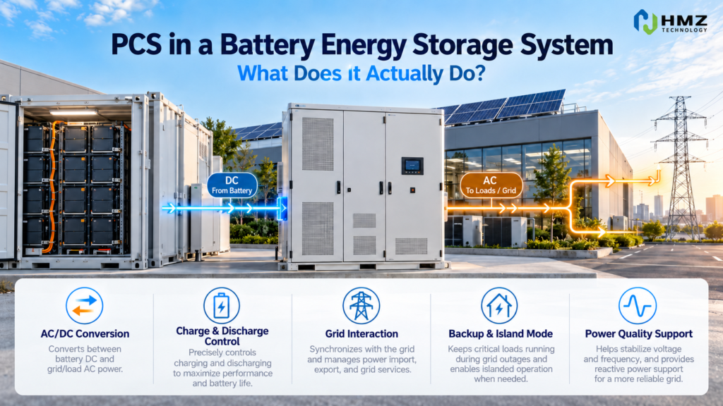 The PCS is one of the most important parts of a battery energy storage system. It converts power between the battery and the AC electrical system, controls charge and discharge power, and can play a critical role in grid-connected and island-mode operation.