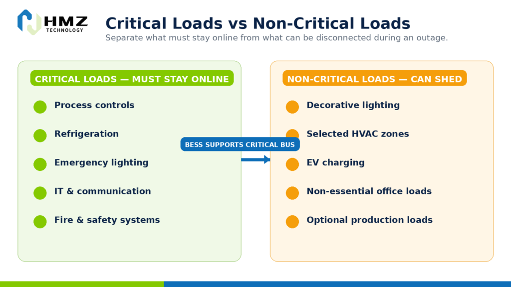 Critical vs Non-Critical Loads Overview
Alt Text: Critical and non critical electrical loads in a commercial facility for battery backup design
Caption: Critical loads must remain powered during an outage, while non-critical loads can be disconnected to reduce backup-system size.