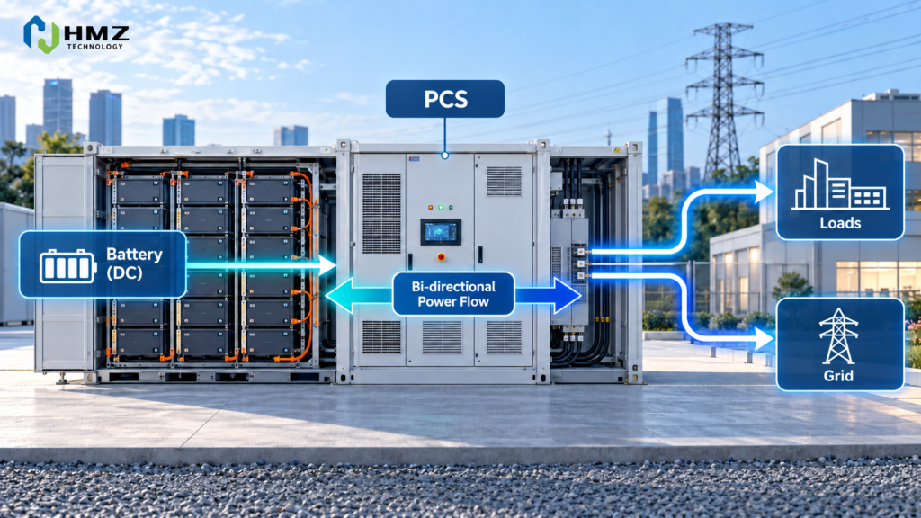 PCS battery storage diagram showing bidirectional AC and DC power conversion in a BESS
Caption: The PCS converts power in both directions between the battery DC side and the AC electrical system.