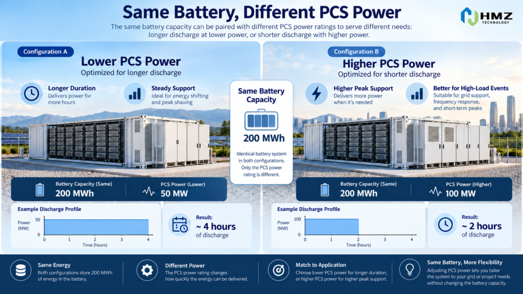 Same battery energy capacity with different PCS power ratings showing different discharge capability
Caption: Battery energy determines how much can be stored, while PCS power determines how quickly that energy can be delivered.