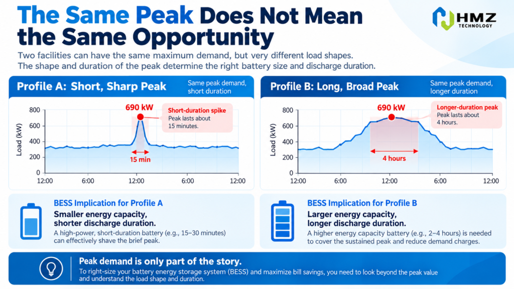 Two commercial load profiles with the same peak demand but different peak durations for battery storage sizing
Caption: The same maximum demand can require very different battery capacity depending on how long the peak lasts.