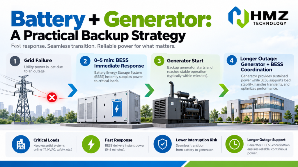 Commercial battery and generator backup strategy showing fast BESS response and longer generator operation
Caption: A battery can cover immediate interruptions while a generator supports longer outages.