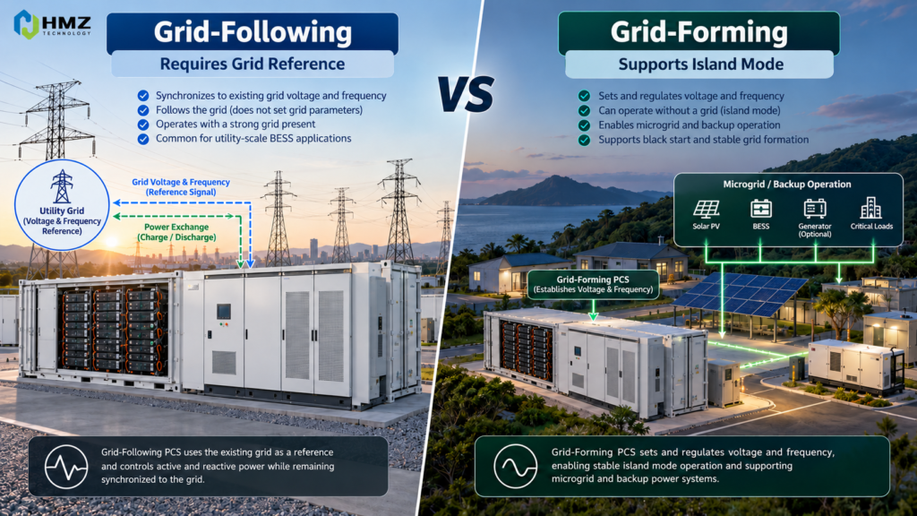Grid following versus grid forming PCS battery storage comparison for commercial BESS and microgrid applications
Caption: Grid-following PCS operates with an existing grid reference, while grid-forming PCS can establish voltage and frequency for an islanded local system.