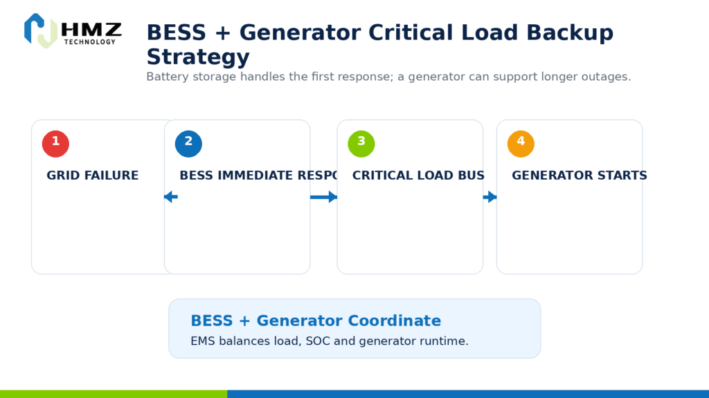 Battery and generator hybrid backup strategy for critical commercial loads during grid outage
Caption: Batteries can provide fast backup while generators support longer outages, allowing each technology to operate where it performs best.