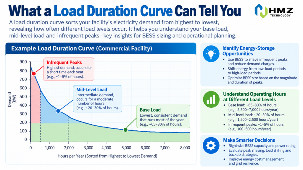 Commercial load duration curve showing how often different power demand levels occur for BESS sizing
Caption: A load duration curve helps show whether high demand is a short recurring peak or a long-duration operating condition.