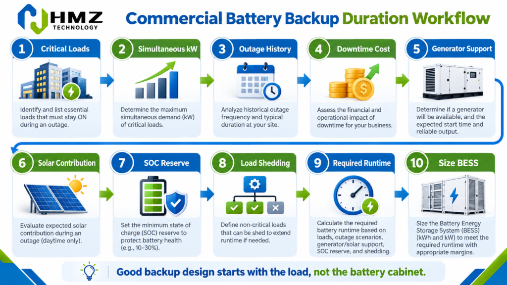 Commercial battery backup duration design workflow from critical loads to BESS power and energy sizing
Caption: Backup duration should be selected after load, outage, generator and SOC requirements are understood.