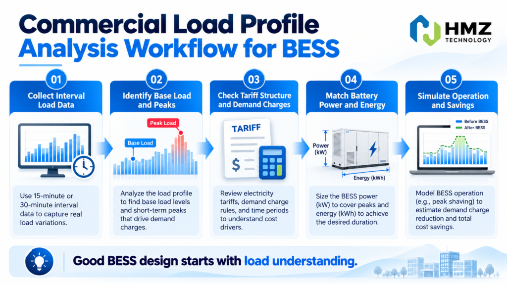 Commercial load profile analysis workflow before battery storage sizing
Caption: BESS sizing should move from real interval load data to peak analysis, tariff review and finally battery power and energy requirements.